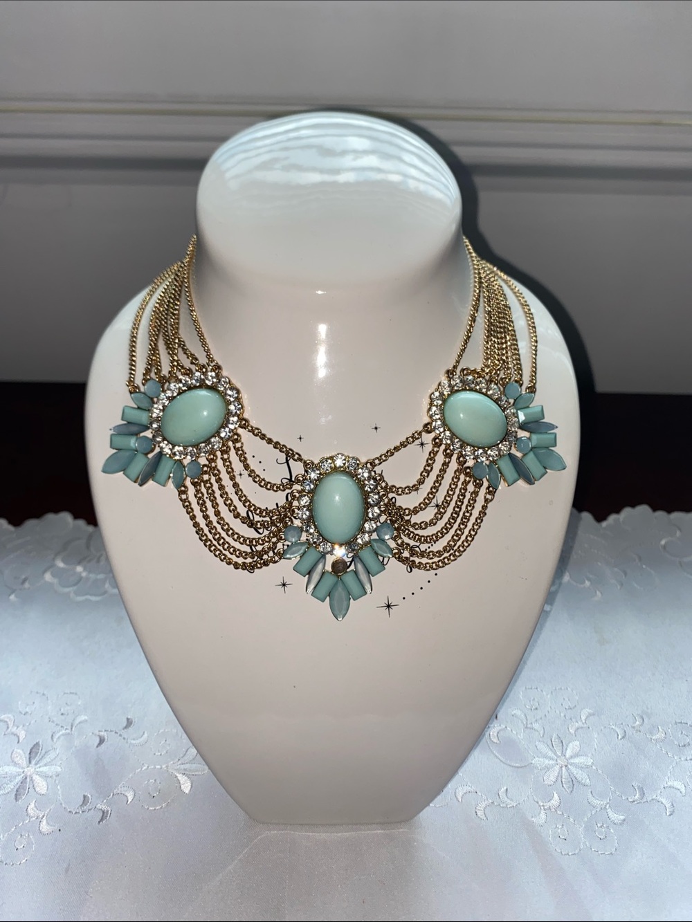Vintage expressions Gold Statement Necklace with Mint Green Cabochons